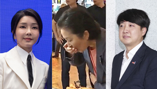 왼쪽부터 윤석열 대통령의 부인인 김건희 여사, 현역 5선이었지만 국민의힘 제22대 총선 공천에서 배제된 김영선 전 국회의원, 국민의힘 대표와 개혁신당 초대 대표를 역임한 이준석 의원.<KBS유튜브 방송·연합뉴스 사진 갈무리>